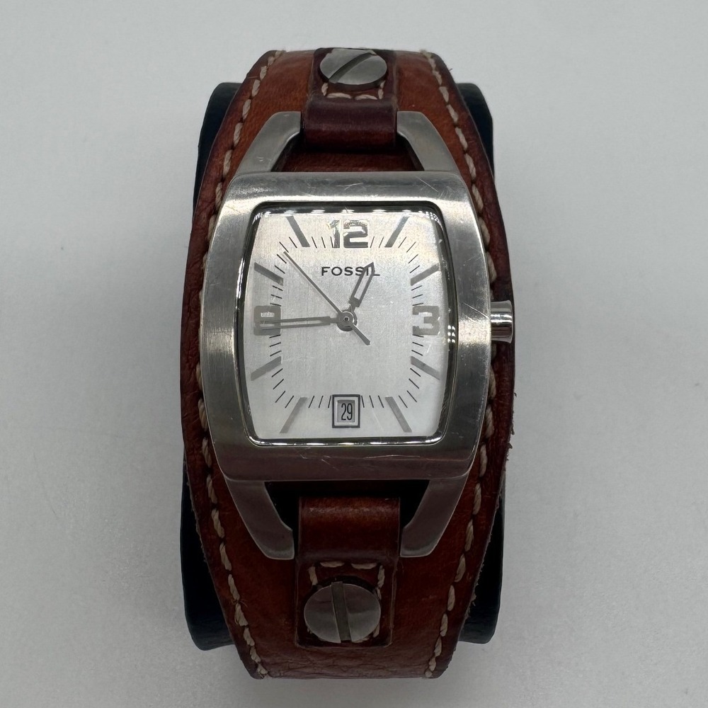 Fossil Womens Brown Leather Cuff Watch Silver Rectangular Case Date needs bat